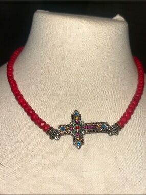F.A.I.T.H.❤️NWT Red Beaded Sideways Cross Necklace Multicolor Crystal Accent 16”
